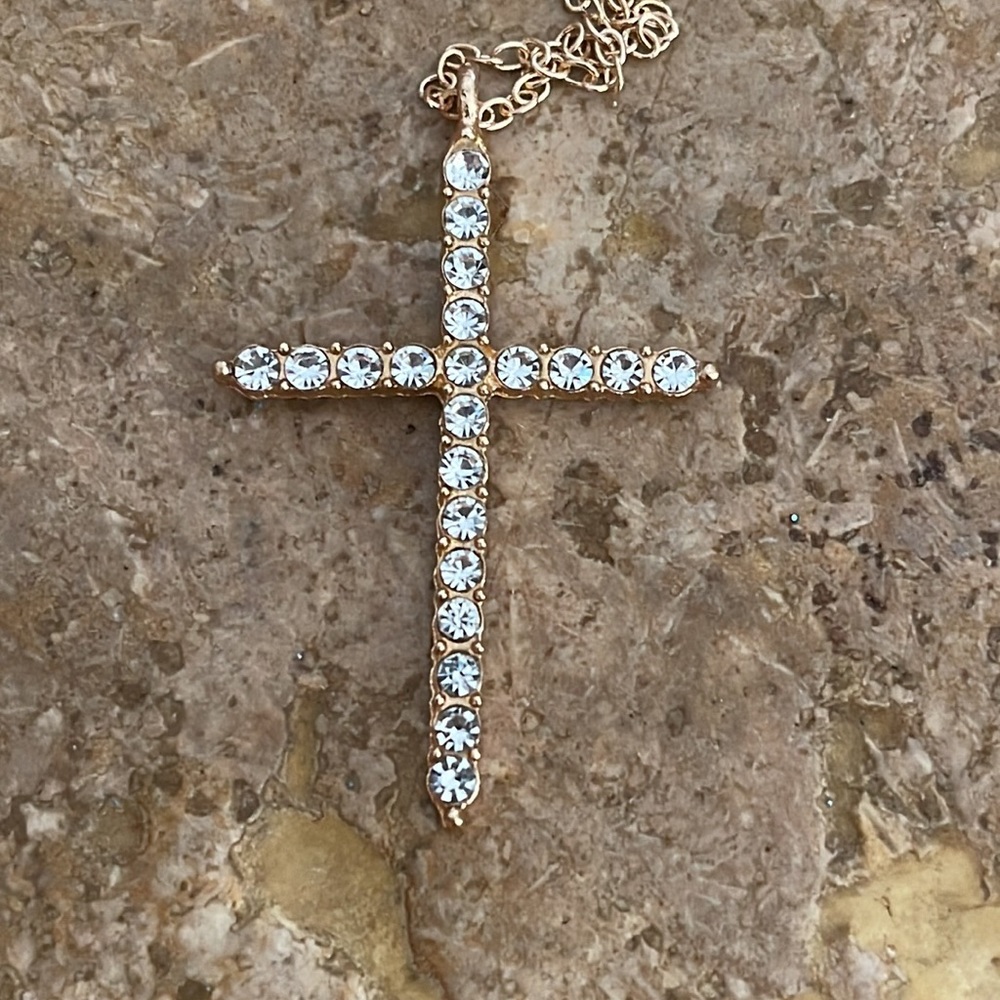 Faux diamond cross with gold tone chain